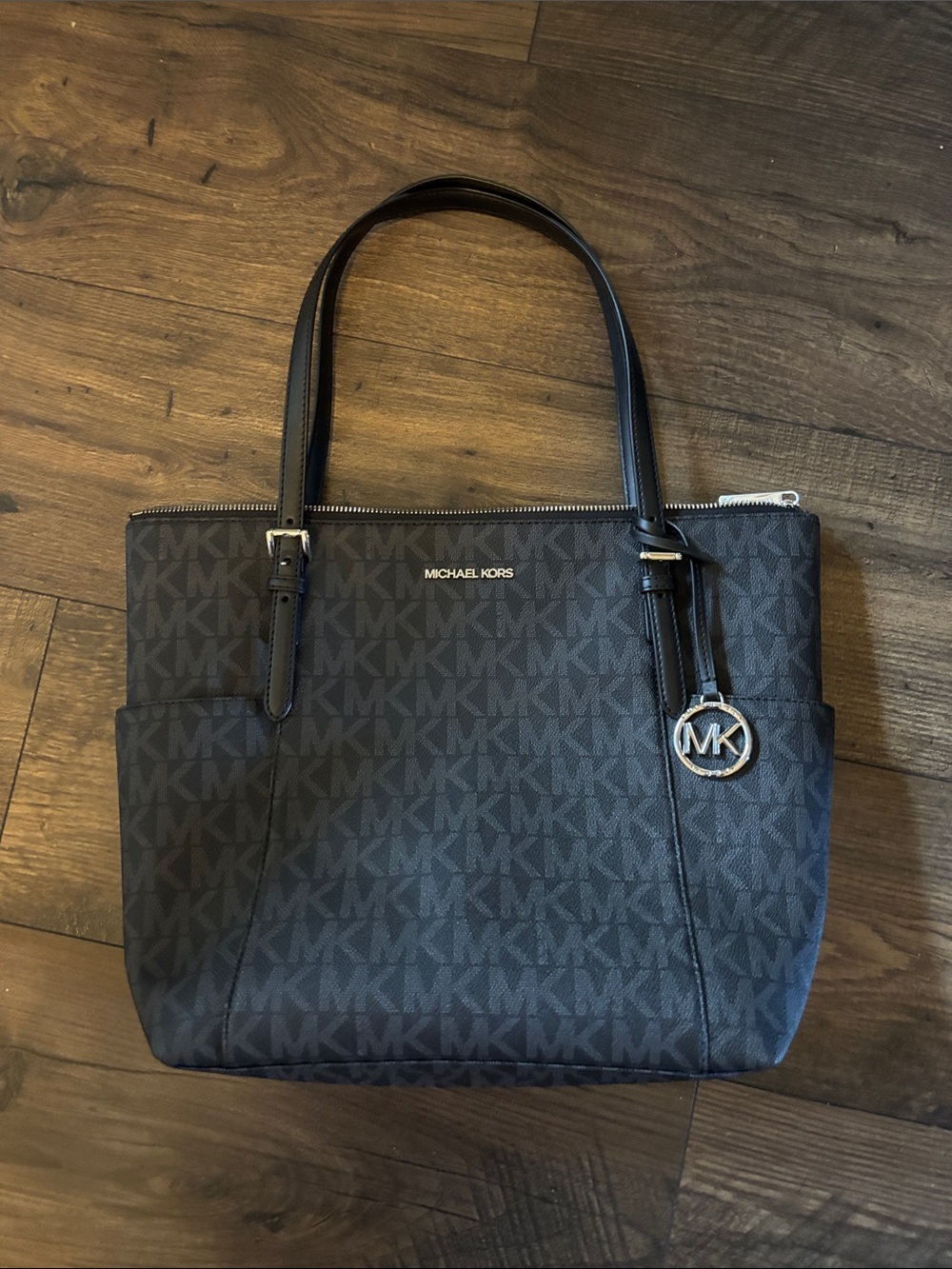 Michael Kors Black MK Logo Tote with Signature Charm
